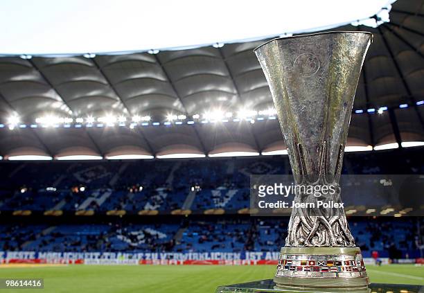 The cup is seen prior to the UEFA Europa League semi final first leg match between Hamburger SV and Fulham at HSH Nordbank Arena on April 22, 2010 in...