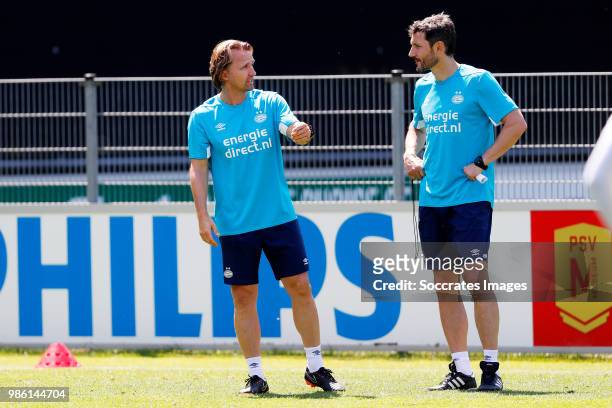 Assistant trainer Boudewijn Zenden of PSV, coach Mark van Bommel of PSV during the Training PSV at the De Herdgang on June 28, 2018 in Eindhoven...
