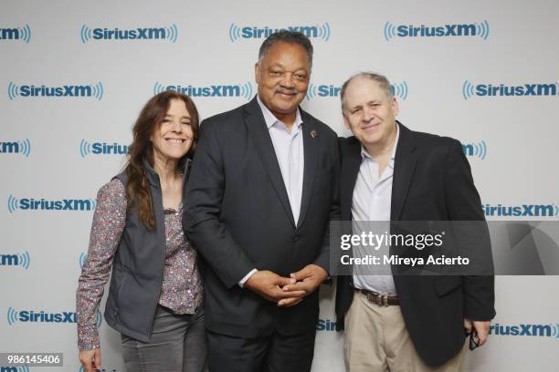 Emily Lazar, Reverend Jesse Jackson and Jonathan Alter visit SiriusXM Studios on June 28, 2018 in New York City.