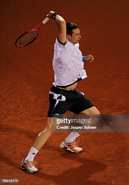 Robin Soderling of Sweden follows the ball during his match against Feliciano Lopez of Spain on day four of the ATP 500 World Tour Barcelona Open...