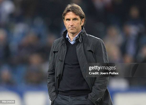 Head coach Bruno Labbadia of Hamburg looks on prior to the UEFA Europa League semi final first leg match between Hamburger SV and Fulham at HSH...