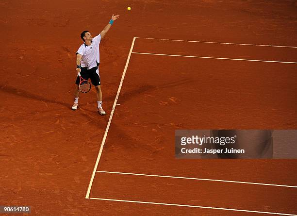 Robin Soderling of Sweden serves the ball to Feliciano Lopez of Spain on day four of the ATP 500 World Tour Barcelona Open Banco Sabadell 2010 tennis...