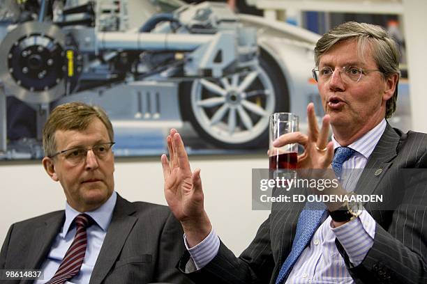 Saab's chief executive officer Jan Ake Jonsson and Spyker Chief Executive Victor Muller attend a press conference after a meeting with shareholders,...