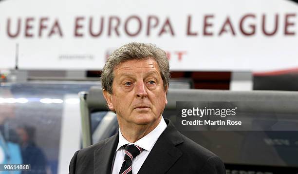 Head coach Roy Hodgson of Fulham looks on prior to the UEFA Europa League semi final first leg match between Hamburger SV and Fulham at HSH Nordbank...