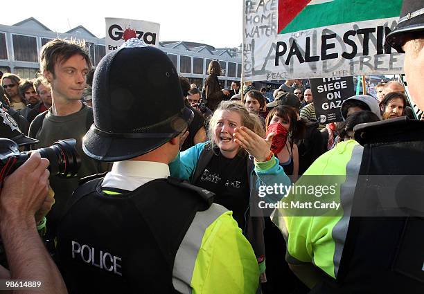 Police clash with protesters outside the Arnolfini arts centre on April 22, 2010 in Bristol, United Kingdom. The three main party leaders are due to...