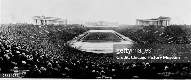 Exterior view showing the crowds at Soldier Field during the 29th Annual Army-Navy football game, Chicago, November 1926. The game ended in a tie,...
