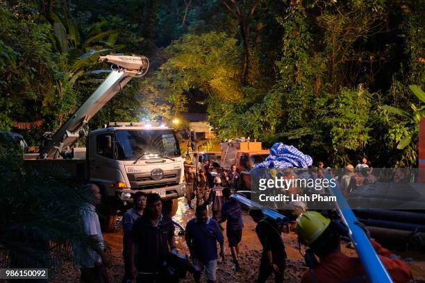 Giant driller is brought to the entrance of Tham Luang Nang Non cave in the effort of drilling into the mountain to find a way to approach the...