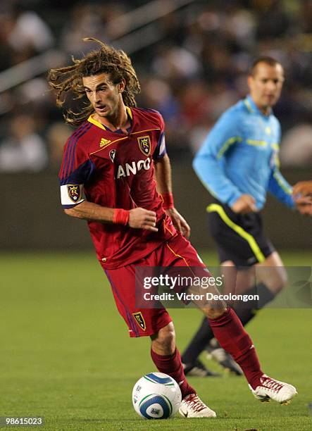 Kyle Beckerman of Real Salt Lake paces the ball during their MLS match against the Los Angeles Galaxy at the Home Depot Center on April 17, 2010 in...