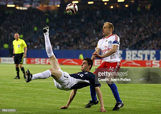 David Jarolim of Hamburg and Zoltan Gera of Fulham compete for the ball during the UEFA Europa League semi final first leg match between Hamburger SV...