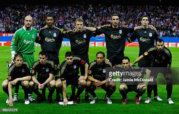 The Liverpool team line up prior the UEFA Europa League Semi Final first leg match between Atletico Madrid and Liverpool at the Vicente Calderon...