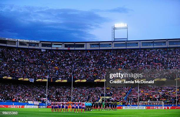 Silence is observed for former President of the International Olympic Committee Juan Antonio Samaranch prior the UEFA Europa League Semi Final first...