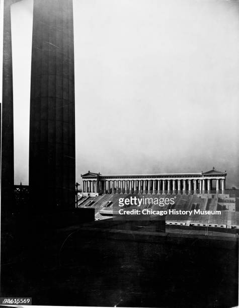 Exterior view showing Soldier Field in Chicago, IL, ca.1920s. Designed by Holabird & Roche.