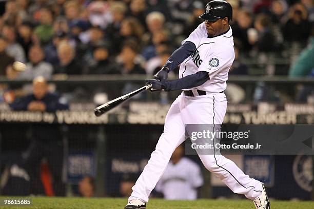 Ken Griffey Jr. #24 of the Seattle Mariners bats against the Baltimore Orioles at Safeco Field on April 20, 2010 in Seattle, Washington.