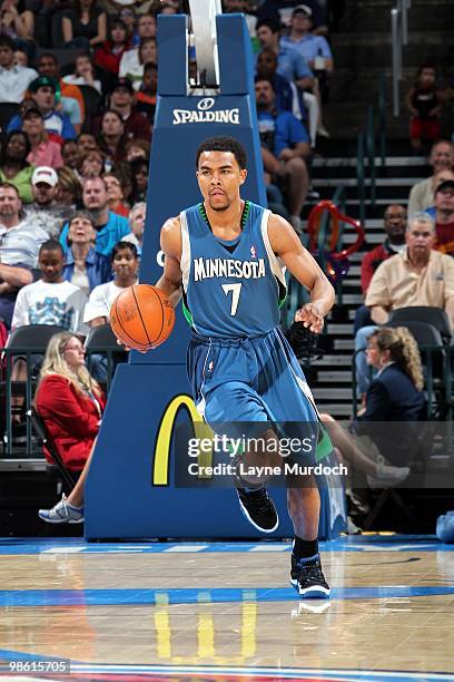 Ramon Sessions of the Minnesota Timberwolves dribbles the ball upcourt against the Oklahoma City Thunder during the game at Ford Center on March 30,...