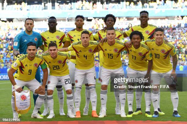 The Colombia players pose for a team photo prior to the 2018 FIFA World Cup Russia group H match between Senegal and Colombia at Samara Arena on June...