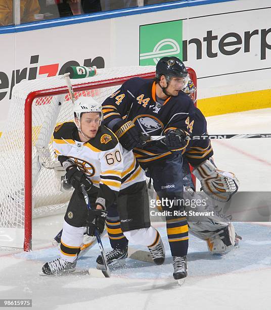Andrej Sekera of the Buffalo Sabres defends against Vladimir Sobotka of the Boston Bruins in Game Two of the Eastern Conference Quarterfinals during...