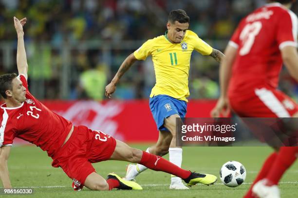 Nemanja Matic of Serbia, Philippe Coutinho of Brazil during the 2018 FIFA World Cup Russia group E match between Serbia and Brazil at the Otkrytiye...