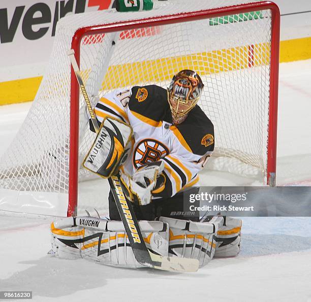 Tuukka Rask of the Boston Bruins makes a save against the Buffalo Sabres in Game Two of the Eastern Conference Quarterfinals during the 2010 NHL...