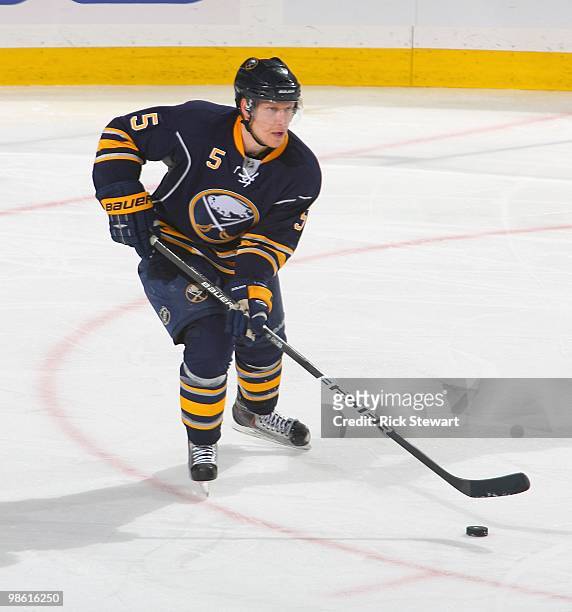 Toni Lydman of the Buffalo Sabres skates against the Boston Bruins in Game Two of the Eastern Conference Quarterfinals during the 2010 NHL Stanley...