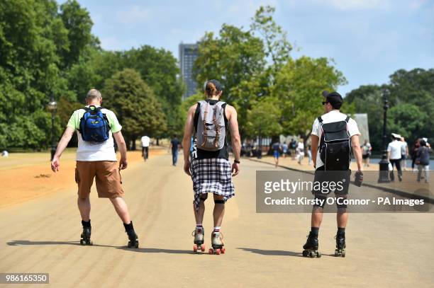 Roller-skaters in the warm weather in Hyde Park, London. Britons look set to enjoy the hottest temperatures of the year for the fourth day in a row...