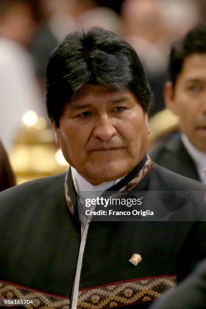 President of Bolivia Evo Morales attends the Consistory for the creation of new Cardinals lead by Pope Francis at the St. Peter's Basilica on June...