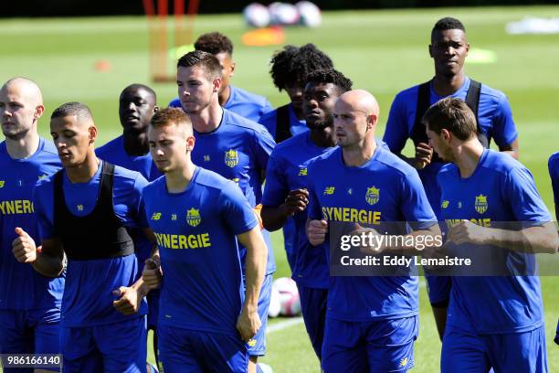 Nicolas Pallois and Valentin Rongier and team mates of Nantes during the Training Session of Nantes FC on June 28, 2018 in Nantes, France.