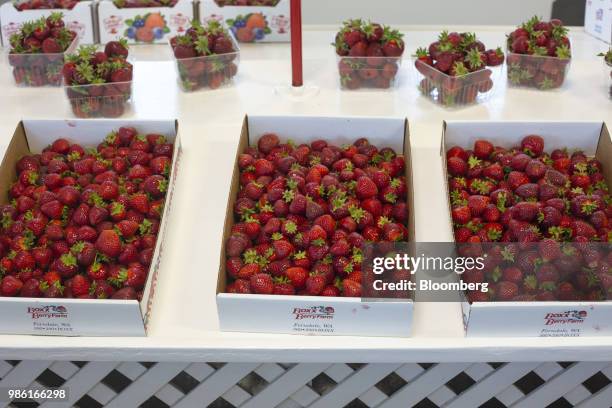 Strawberries are displayed for sale at the Boxx Berry Farm in Ferndale, Washington, U.S., on Monday, June 18, 2018. A plan to move quickly on...