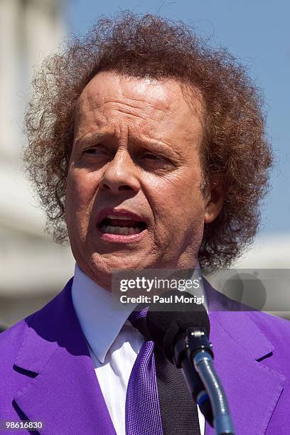 Richard Simmons talks about the passage of the Fitness Integrated with Teaching Kids Act at the US Capitol on April 22, 2010 in Washington, DC.