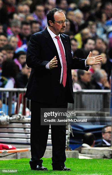 Rafael Benitez manager of Liverpool gestures during the UEFA Europa League Semi Final first leg match between Atletico Madrid and Liverpool at the...