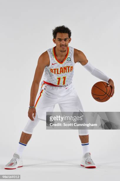 Trae Young of the Atlanta Hawks poses for a portrait after an introductory press conference on June 25, 2018 at Emory Healthcare Courts in Atlanta,...