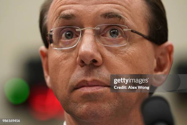 Deputy Attorney General Rod Rosenstein testifies during a hearing before the House Judiciary Committee June 28, 2018 on Capitol Hill in Washington,...