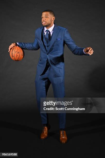 Omari Spellman of the Atlanta Hawks poses for a portrait after an introductory press conference on June 25, 2018 at Emory Healthcare Courts in...