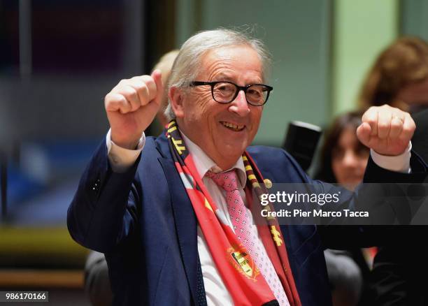 Jean-Claude Juncker, President of European Commission gestures during the EU Council Meeting at European Parliament on June 28, 2018 in Brussels,...