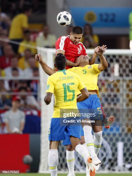 Paulinho of Brazil, Aleksandar Mitrovic of Serbia, Casemiro of Brazil during the 2018 FIFA World Cup Russia group E match between Serbia and Brazil...