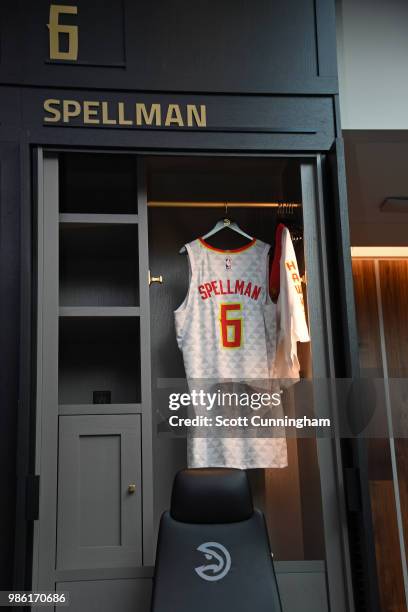 Omari Spellman of the Atlanta Hawks jersey hangs in his locker before an introductory press conference on June 25, 2018 at Emory Healthcare Courts in...