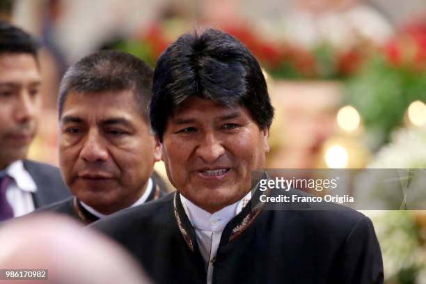 President of Bolivia Evo Morales attends the Consistory for the creation of new Cardinals lead by Pope Francis at the St. Peter's Basilica on June...