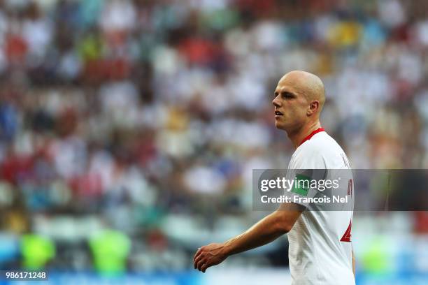 Rafal Kurzawa of Poland looks on during the 2018 FIFA World Cup Russia group H match between Japan and Poland at Volgograd Arena on June 28, 2018 in...