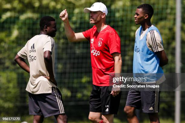 Hassane Bande of Ajax, coach Erik ten Hag of Ajax, Ryan Gravenberch of Ajax during the Training Ajax at the Sportplatz Klosterpforte on June 28, 2018...