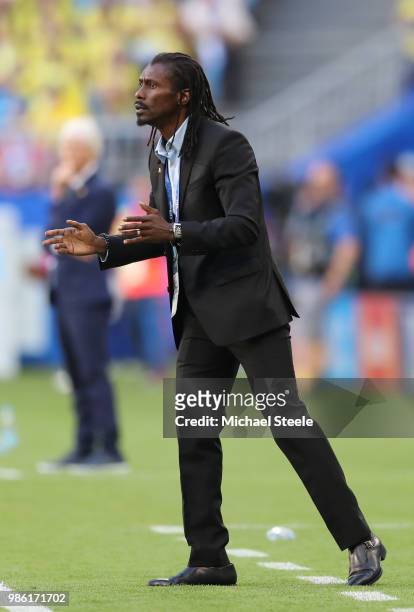 Aliou Cisse, Head coach of Senegal gives his team instructions during the 2018 FIFA World Cup Russia group H match between Senegal and Colombia at...