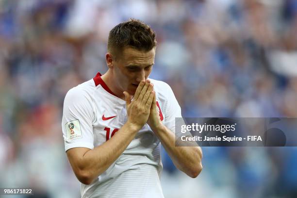 Piotr Zielinski of Poland reacts during the 2018 FIFA World Cup Russia group H match between Japan and Poland at Volgograd Arena on June 28, 2018 in...