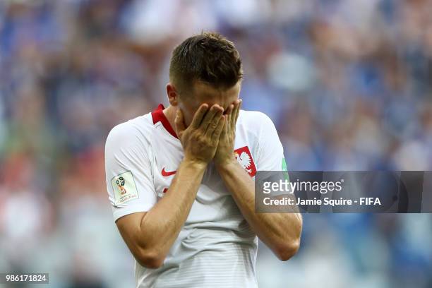 Piotr Zielinski of Poland reacts during the 2018 FIFA World Cup Russia group H match between Japan and Poland at Volgograd Arena on June 28, 2018 in...