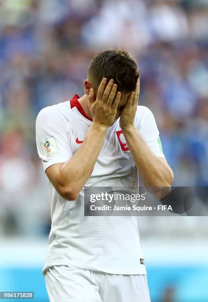 Piotr Zielinski of Poland reacts during the 2018 FIFA World Cup Russia group H match between Japan and Poland at Volgograd Arena on June 28, 2018 in...