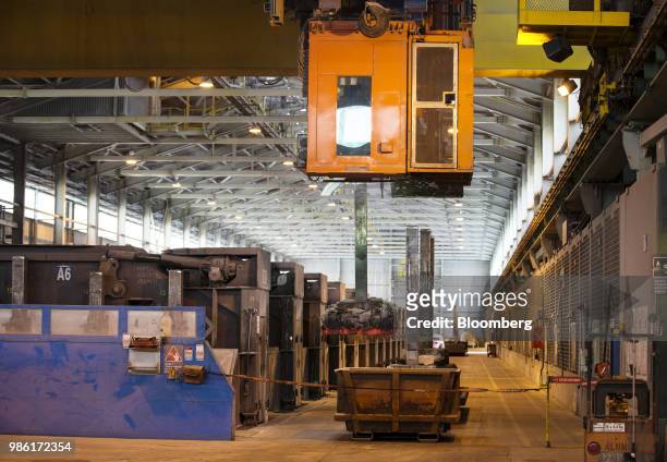 An anode is changed inside the Rio Tinto Plc AP60 Technology Centre at Complexe Jonquiere in Saguenay, Quebec, Canada, on Thursday, June 21, 2018....