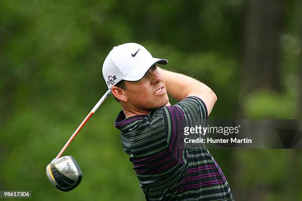 Justin Leonard hits a shot during the final round of the Shell Houston Open at Redstone Golf Club on April 4, 2010 in Humble, Texas.