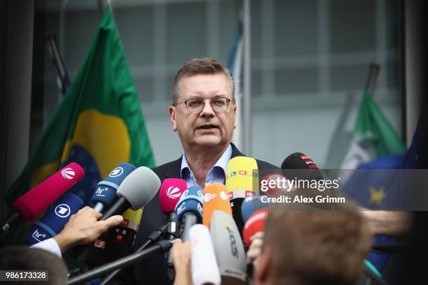 President Reinhard Grindel talks to the media during the return of the German national football team from the FIFA World Cup Russia 2018 at Frankfurt...