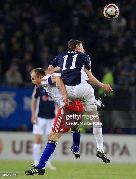 David Jarolim of HSV and Zoltan Gera of Fulham battle for the ball of during the UEFA Europa League semi final first leg match between Hamburger SV...