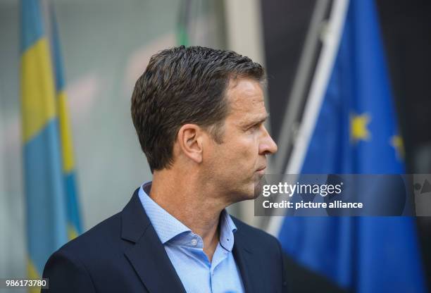 June 2018, Germany, Frankfurt am Main: Oliver Bierhoff, business manager of the Germany football team, pictured during a press statement in the VIP...