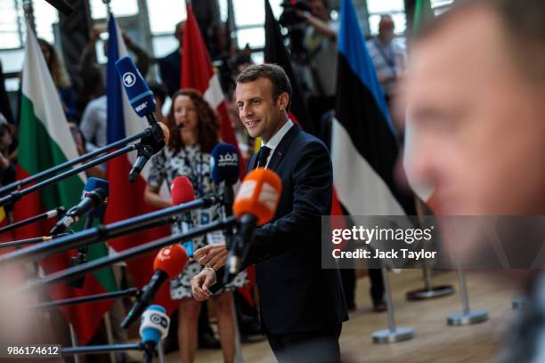 French President Emmanuel Macron arrives at the Council of the European Union on the first day of the European Council leaders' summit on June 28,...