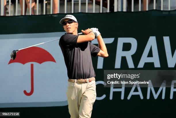 Richy Werenski of the United States hits from the 1st tee during the First Round of the Travelers Championship on June 21 at TPC River Highlands in...