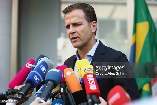 Team manager Oliver Bierhoff talks to the media during the return of the German national football team from the FIFA World Cup Russia 2018 at...